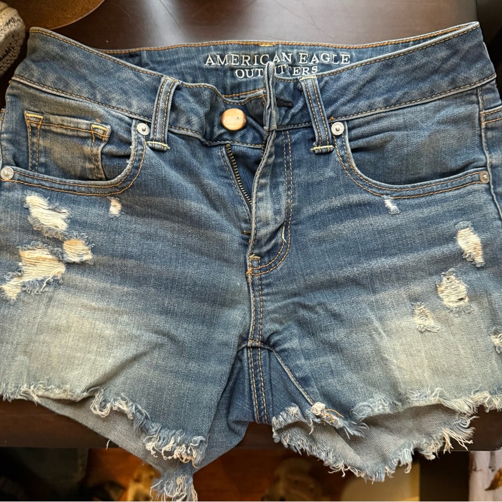 American Eagle Outfitters Mid Wash Distressed Midi Jean Shorts